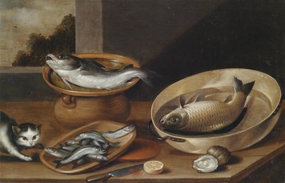 Fish Still Life with Cat by Peter van Boucle